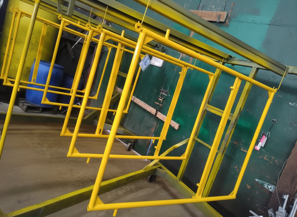 Yellow powder-coated metal tube frames hanging inside the Apex Powder Coating facility